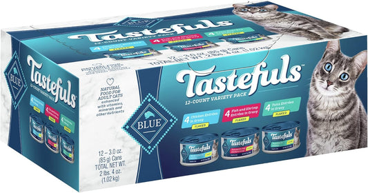Blue Buffalo Tastefuls Natural Flaked Wet Cat Food Variety Pack, Tuna, Chicken, Fish & Shrimp Entrées in Gravy 3-oz Cans (12 Count - 4 of Each Flavor)