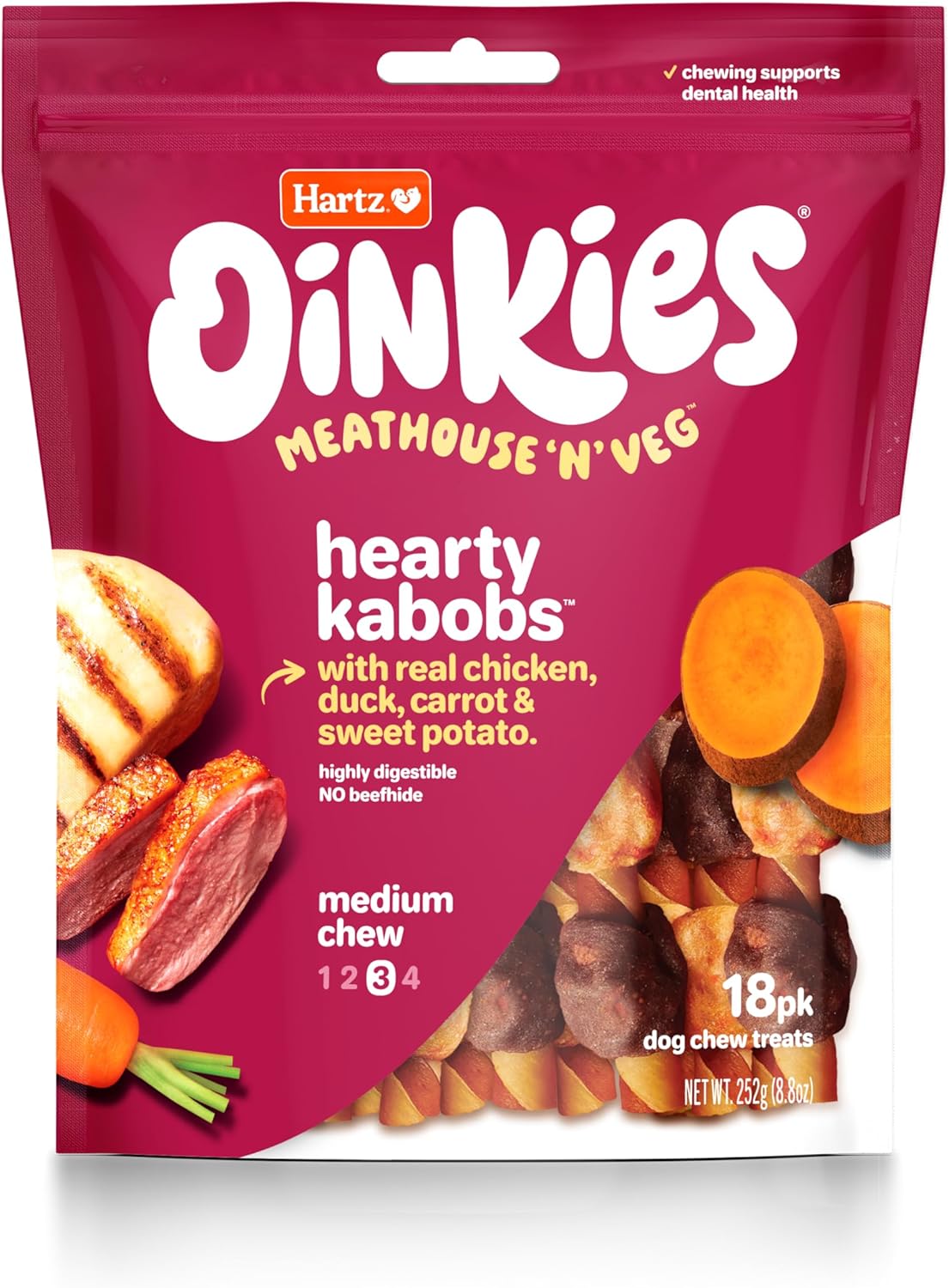 Oinkies Meathouse'n'Veg Hearty Kabobs Dog Treats with Real Chicken, Duck, Carrots, and Sweet Potato, Long-Lasting Yet Highly Digestible, 18 Count