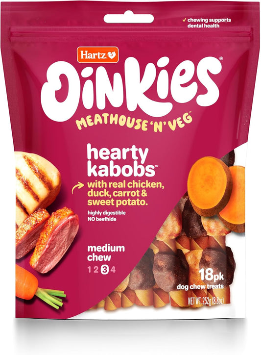 Oinkies Meathouse'n'Veg Hearty Kabobs Dog Treats with Real Chicken, Duck, Carrots, and Sweet Potato, Long-Lasting Yet Highly Digestible, 18 Count