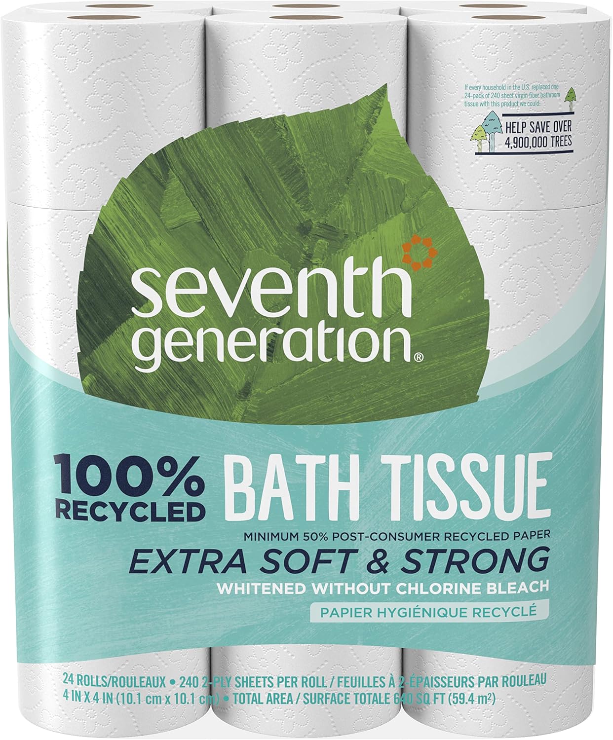 Seventh Generation Toilet Paper White Bathroom Tissue 2-ply 100% Recycled Paper without Chlorine Bleach 24 count, (Pack of 2)