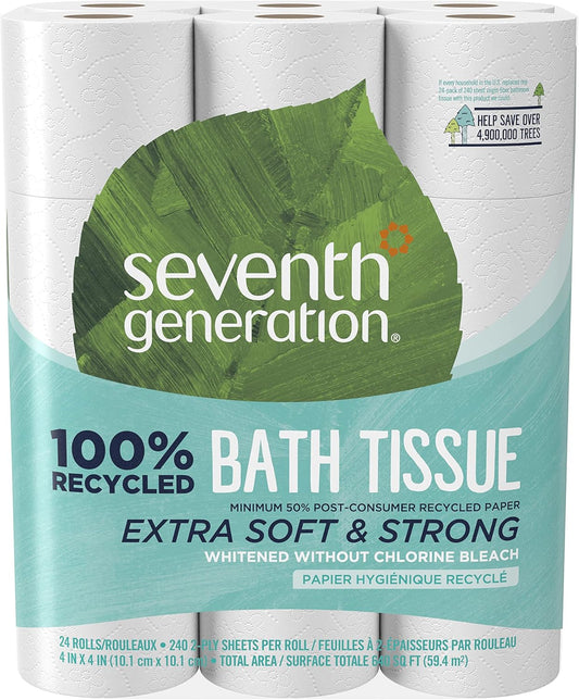 Seventh Generation Toilet Paper White Bathroom Tissue 2-ply 100% Recycled Paper without Chlorine Bleach 24 count, (Pack of 2)