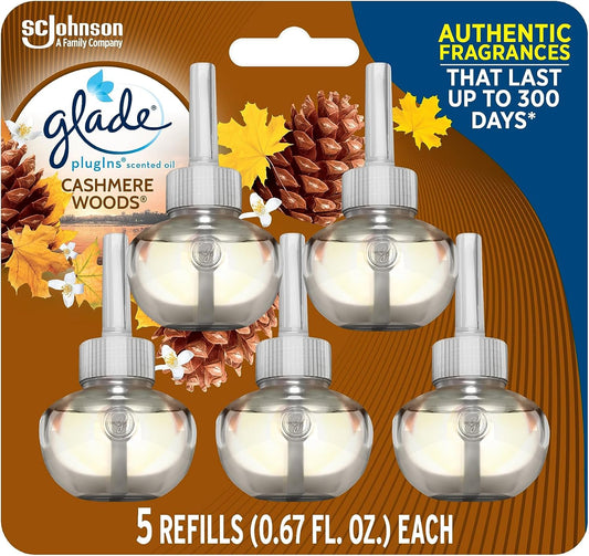 Glade PlugIns Refills Air Freshener, Scented and Essential Oils for Home and Bathroom, Cashmere Woods, 3.35 Fl Oz, 5 Count ( Packaging May Vary )