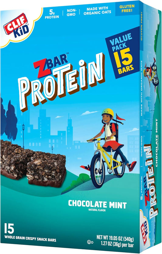 CLIF Kid Zbar Protein - Chocolate Mint - Crispy Whole Grain Snack Bars - Made with Organic Oats - Non-GMO - 5g Protein - 1.27 oz. (15 Pack)