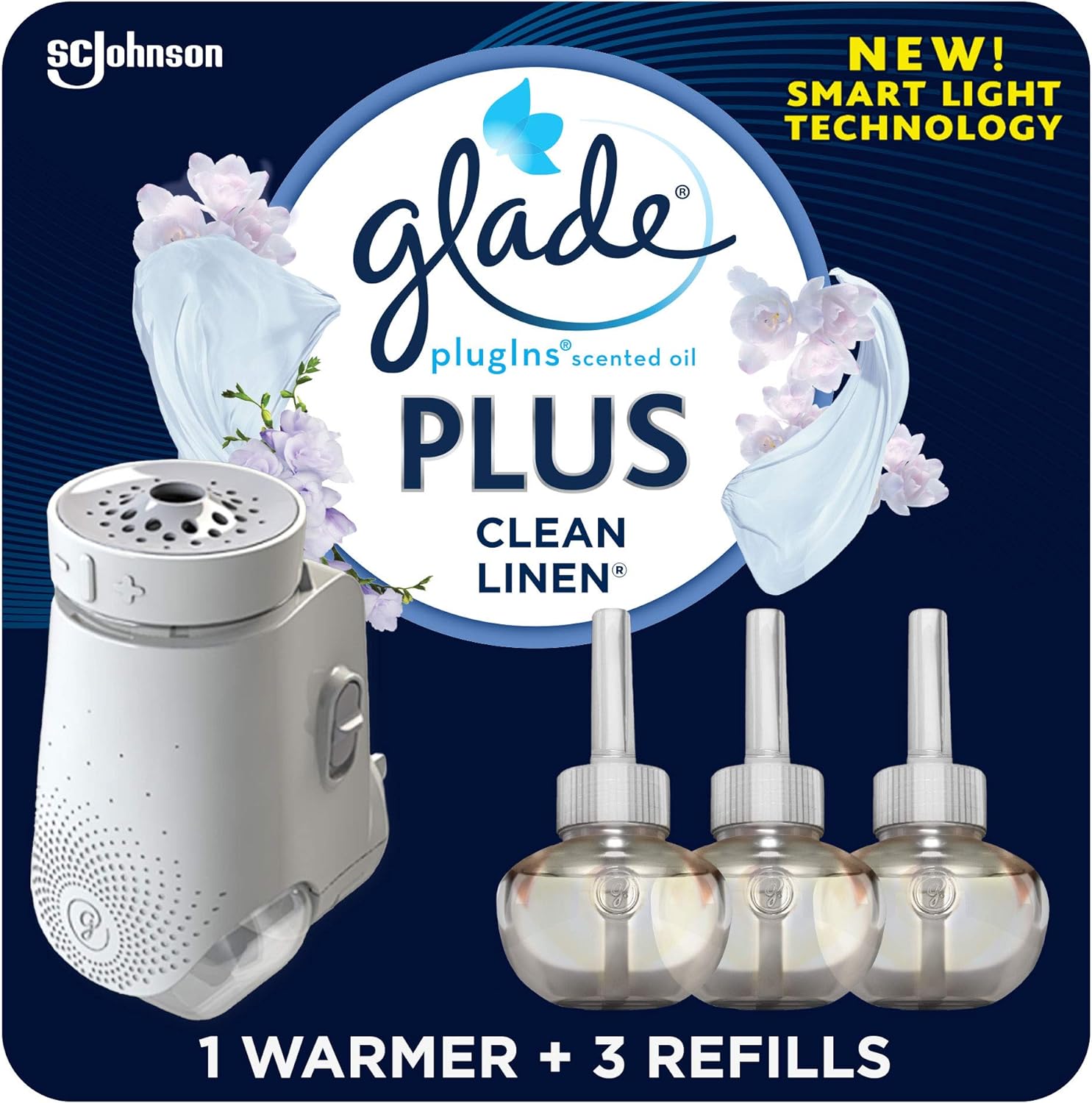 Glade PlugIn Plus Air Freshener Starter Kit, Scented Oil for Home and Bathroom, Clean Linen, 2.01 Fl Oz, 1 Warmer + 3 Refills