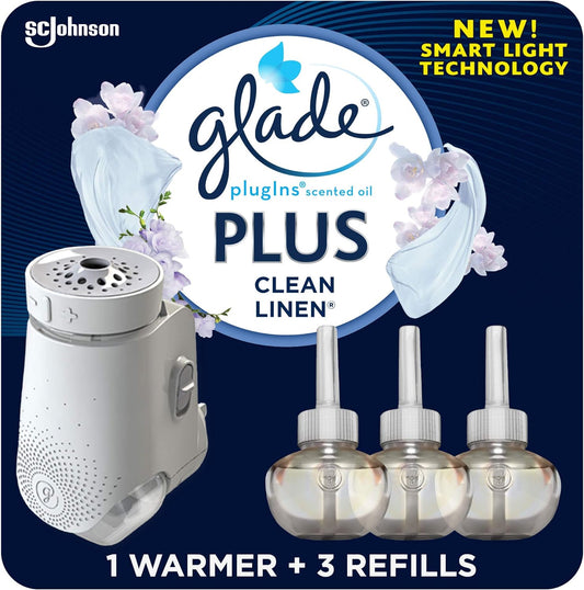 Glade PlugIn Plus Air Freshener Starter Kit, Scented Oil for Home and Bathroom, Clean Linen, 2.01 Fl Oz, 1 Warmer + 3 Refills