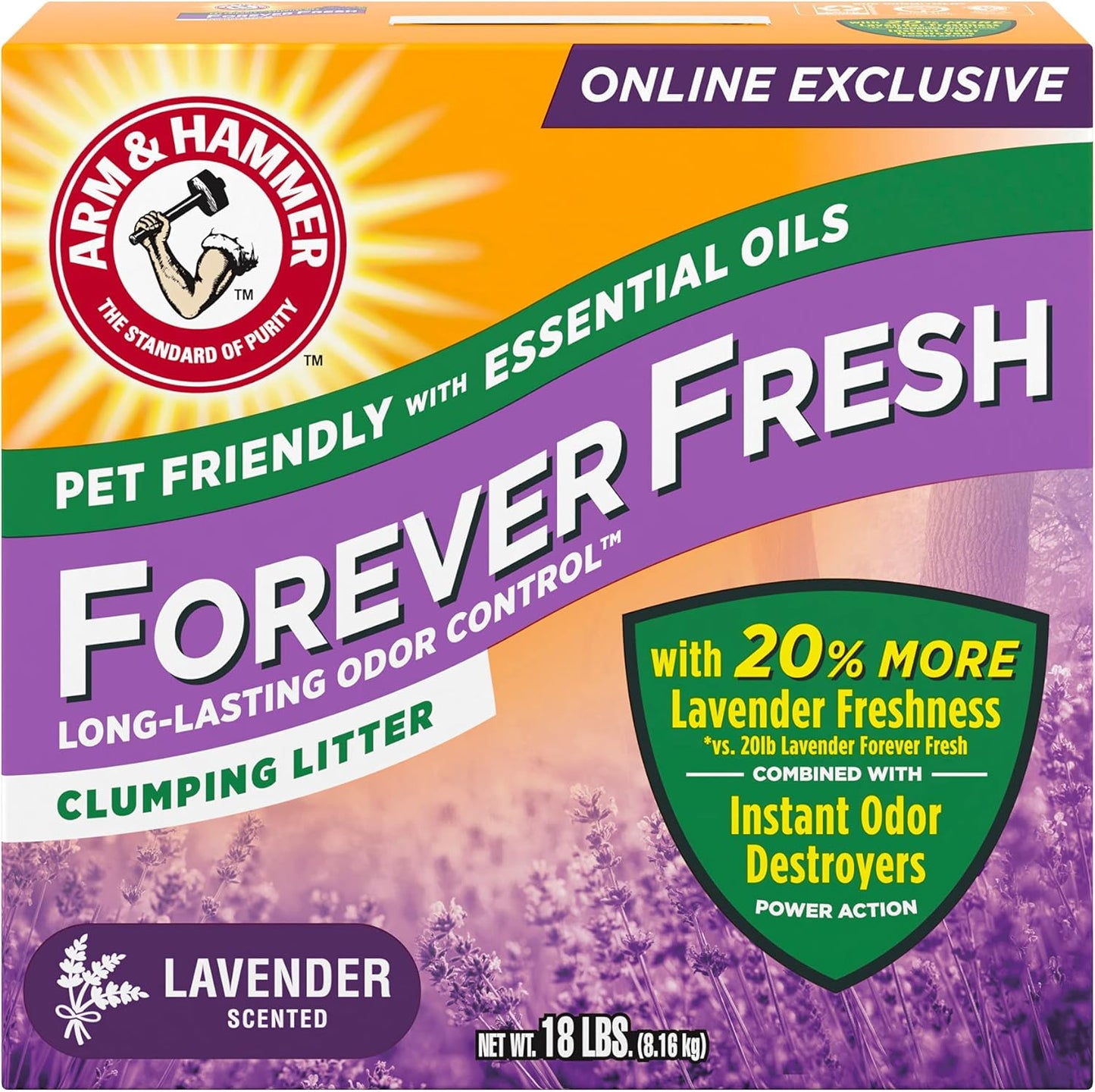 Arm & Hammer Forever Fresh Clumping Cat Litter Lavender, MultiCat 18lb with 20% More Lavender Freshness, Pet Friendly with Essential Oils