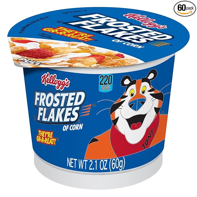 Kellogg's Frosted Flakes Breakfast Cereal Cups, Good Source of 8 Vitamins and Minerals, Original, 7.87lb Case (60 Cups)