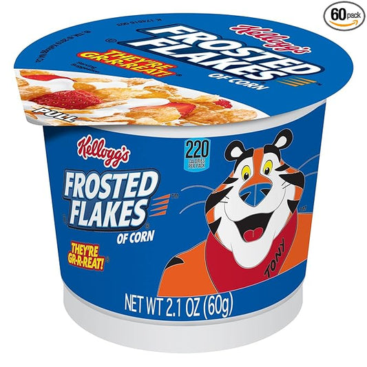 Kellogg's Frosted Flakes Breakfast Cereal Cups, Good Source of 8 Vitamins and Minerals, Original, 7.87lb Case (60 Cups)