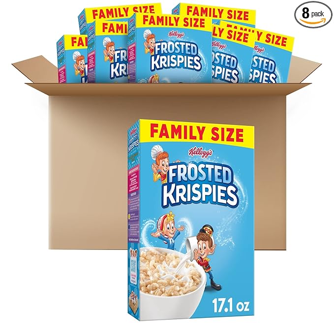 Kellogg's Frosted Krispies Breakfast Cereal, Kids Snacks, Baking Marshmallow Treats, Family Size, Original (8 Boxes)