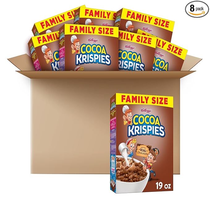Kellogg's Cocoa Krispies Breakfast Cereal, Kids Snacks, Family Breakfast, Family Size, Chocolatey Flavor (8 Boxes)