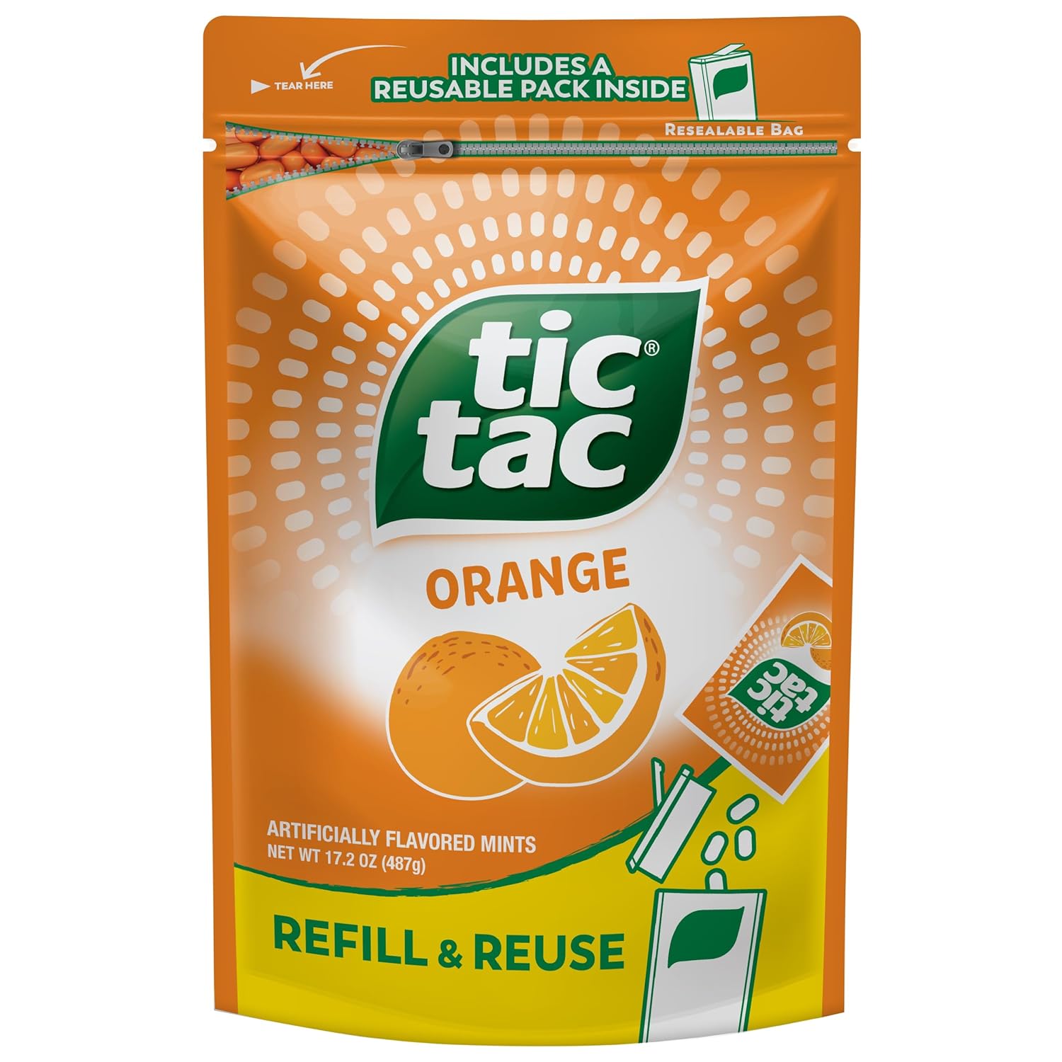 Tic Tac Resealable Refill Bag, Bulk 17.2 Oz, Orange Flavored Mints, On-The-Go Refreshment, Includes Empty Refillable Pack