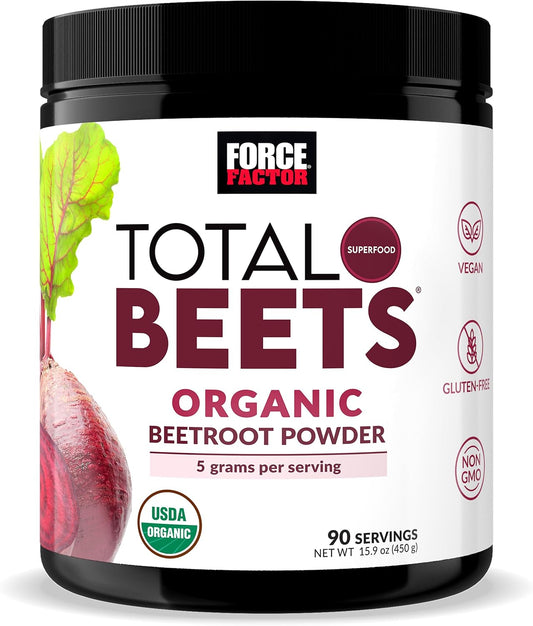 Force Factor Total Beets Organic Beetroot Powder Superfood to Boost Daily Nutrition, USDA Organic, Vegan, Gluten-Free, and Non-GMO Beet Supplement, Unflavored, 90 Servings