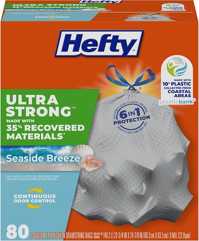 Hefty® Ultra Strong Tall Kitchen Trash Bags, 35% Recovered Materials, Seaside Breeze, 13 Gallon, 80 Count
