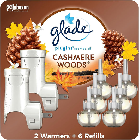 Glade PlugIns Air Freshener Starter Kit, Scented and Essential Oils for Home and Bathroom, Cashmere Woods, 4.02 Fl Oz, 2 Warmers and 6 Refills