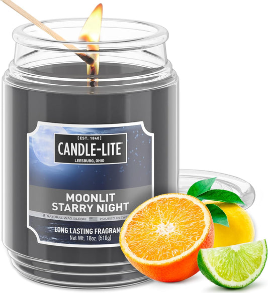 CANDLE-LITE Scented Moonlit Starry Night Fragrance, One 18 oz. Single-Wick Aromatherapy Candle with 110 Hours of Burn Time, Gray (Individual Box)