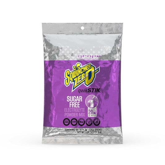 Sqwincher Zero Qwik Stik, Sugar Free, Low Calorie, Low Sodium Electrolyte Replacement Powder Hydration Drink Mix, Grape, 0.11 oz Packet (Pack of 50)