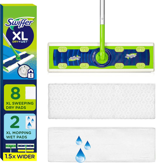Swiffer Sweeper Dry + Wet XL Sweeping Kit, 1 Sweeper, 8 Dry Cloths, 2 Wet Cloths