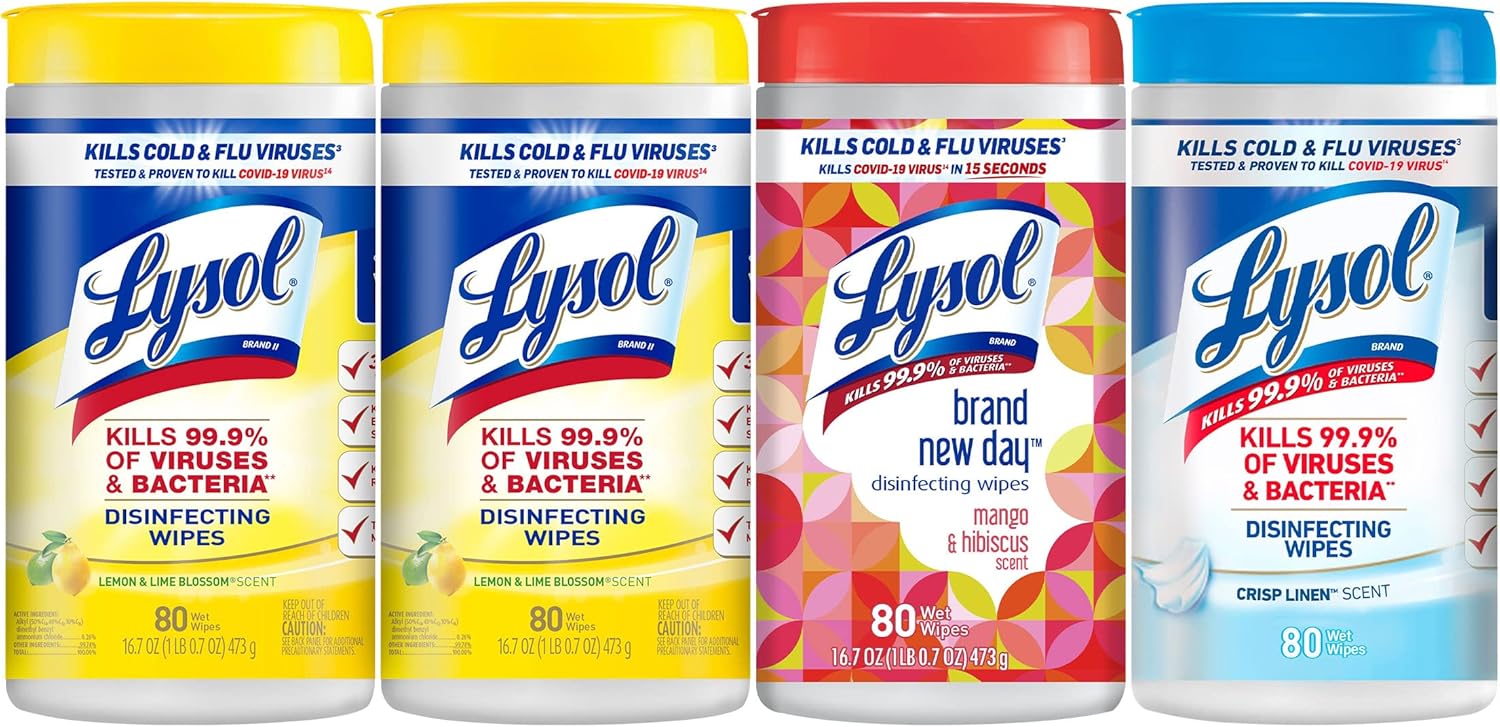 Lysol Disinfectant Wipes Bundle, Multi-Surface Antibacterial Cleaning Wipes, contains x2 Lemon & Lim Blossom, Crisp Linen, Mango & Hibiscus, 80 Count (Pack of 4)