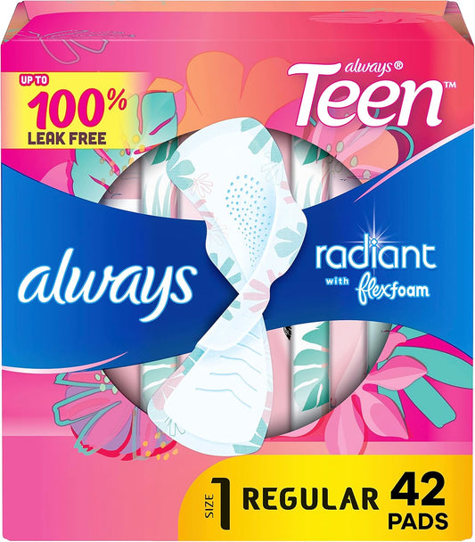 Always Radiant Teen Feminine Pads For Women, Size 1 Regular Absorbency, With Flexfoam, With Wings, Unscented, 42 Count