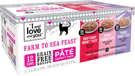 I and love and you Wet Cat Food - Farm to Sea Feast Pâté Variety Pack - Beef, Salmon, Turkey, Grain Free, Filler Free, 5.5oz Pack of 12 Cans