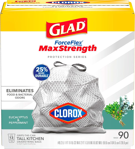 Glad Trash Bags, Tall Kitchen Garbage Bags ForceFlexPlus with Clorox, 13 Gallon, Eucalyptus and Peppermint, 90 Count (Package May Vary)