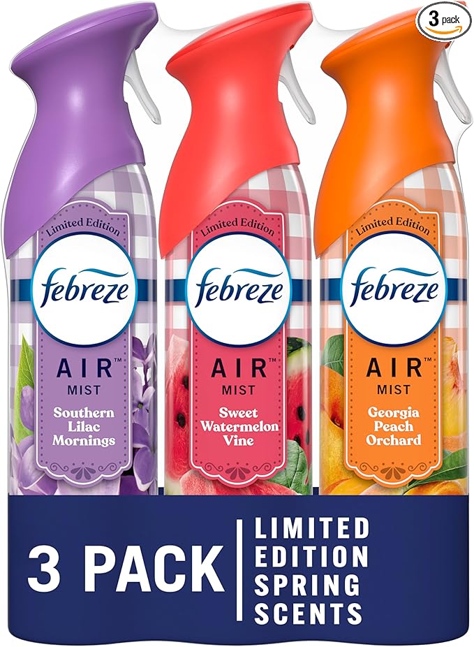 Febreze Air Mist Odor-Fighting Air Freshener Mixed Scent, Southern Lilac Mornings, Georgia Peach Orchard, Sweet Watermelon Vine, 8.8 oz. Aerosol Can, Pack of 3