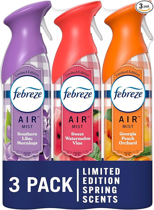 Febreze Air Mist Odor-Fighting Air Freshener Mixed Scent, Southern Lilac Mornings, Georgia Peach Orchard, Sweet Watermelon Vine, 8.8 oz. Aerosol Can, Pack of 3