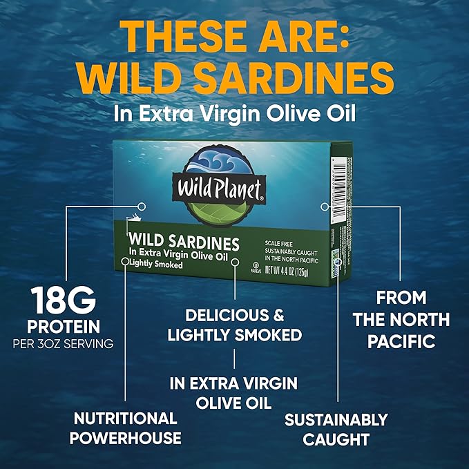 Wild Planet Wild Sardines in Extra Virgin Olive Oil, Lightly Smoked, Tinned Fish, Sustainably Wild-Caught, Non-GMO, Kosher, Gluten Free, 4.4. Ounce (Pack of 12)