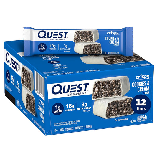 Quest Nutrition Crispy Cookies & Cream Hero Protein Bar, 18g Protein, 1g Sugar, 3g Net Carb, Gluten Free, Keto Friendly, 12 Count