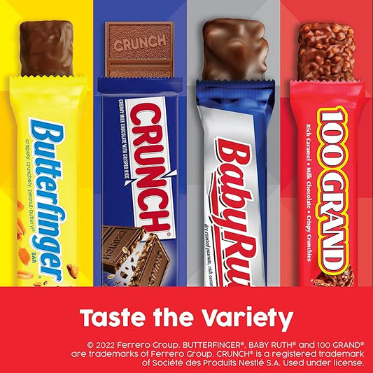 Butterfinger, CRUNCH, Baby Ruth, 100 Grand, Assorted Bulk Candy Bar Variety Pack Full Size, 28-Count, 48 oz
