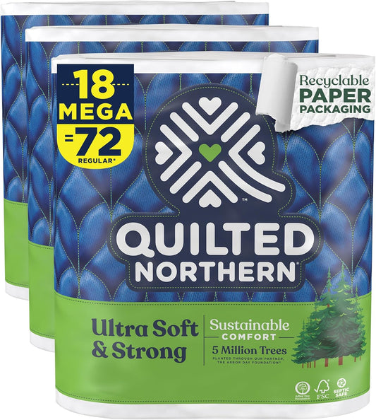Quilted Northern Ultra Soft & Strong Toilet Paper, 18 Mega Rolls = 72 Regular Rolls, 5X Stronger*, Premium Soft Toilet Tissue with Recyclable Paper Packaging