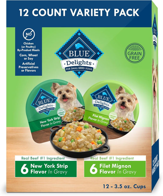 Blue Buffalo Delights Natural Adult Small Breed Wet Dog Food, Variety Pack, Made with Natural Ingredients, Filet Mignon & New York Strip Recipe in...
