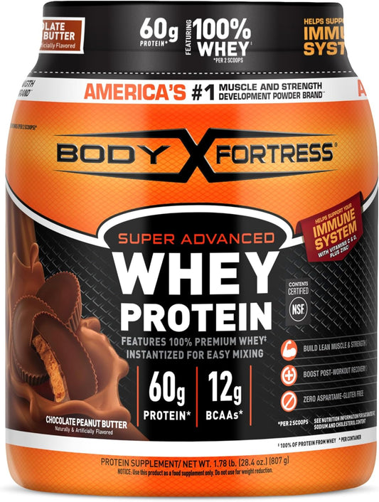 Body Fortress Super Advanced Whey Protein Powder, Chocolate Peanut Butter, 60g Protein & 12g BCAAs Per 2 Scoops, Muscle Gain & Recovery, Immune...