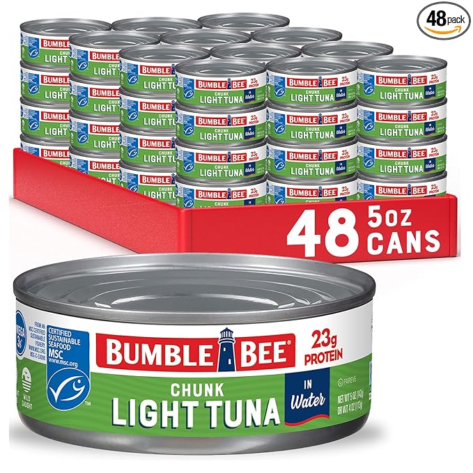 Bumble Bee Chunk Light Tuna In Water, 5 oz Cans (Pack of 48) - Wild Caught Skipjack Tuna - 23g Protein Per Serving - MSC Certified Sustainable Seafood, Non-GMO, Gluten Free, Kosher