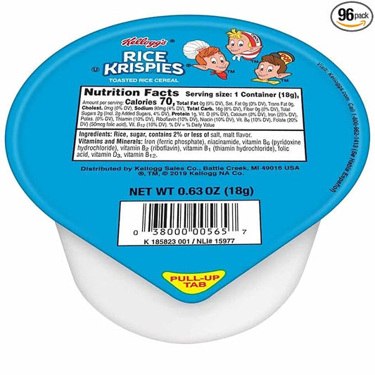 Kellogg's Rice Krispies Breakfast Cereal Cups, Kids Snacks, Family Breakfast, Original (96 Cups)
