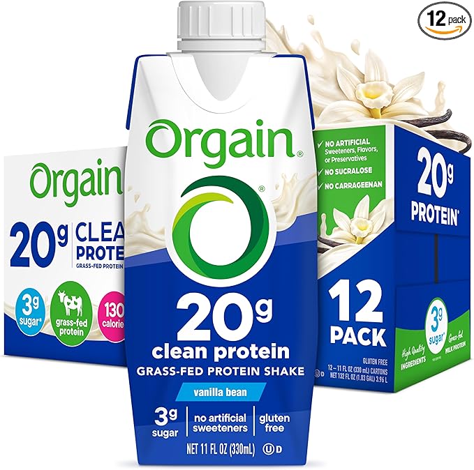 Orgain Clean Protein Shake, Grass Fed Dairy, Vanilla Bean - 20g Whey High Protein, Kosher, Ready to Drink, Low Net Carbs, Gluten Free, No Soy Ingredients, 11 Fl Oz (Pack of 12)