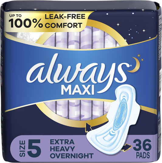 Always Maxi Feminine Pads for Women, Size 5 Extra Heavy Overnight Absorbency, with Wings, Unscented, 36 Count 
