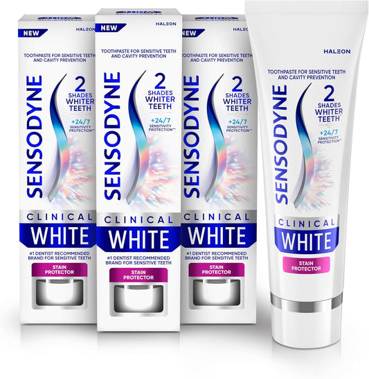 Sensodyne Clinical White Toothpaste Clinically Proven Whitening for Sensitive Teeth, Stain Protector, 3.4 oz x 3