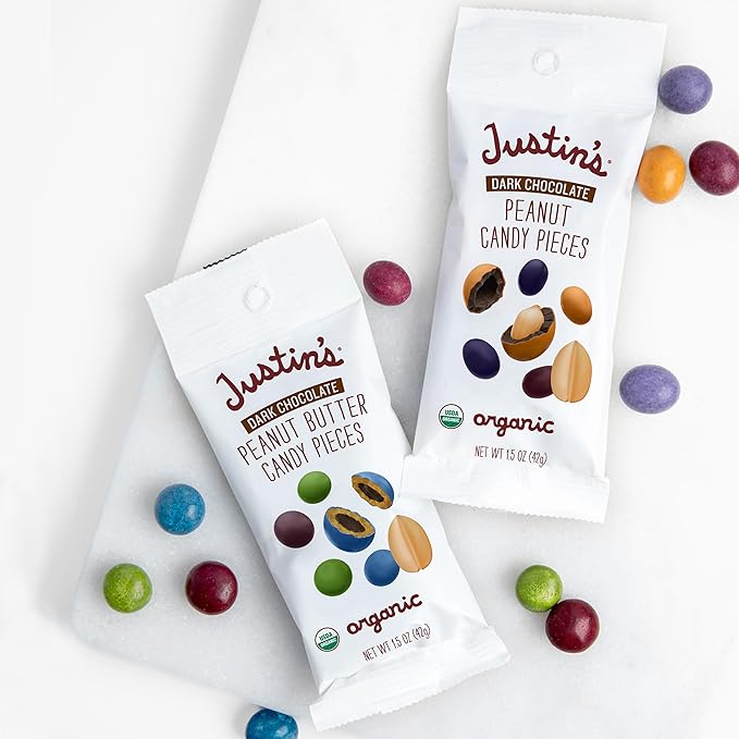 Justin's Dark Chocolate Peanut Candy Pieces 12pk of 1.5oz bags Organic, Gluten Free, Non-GMO, Responsibly Source, Rainforest Alliance Certified Cocoa