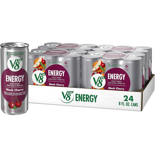 V8 +ENERGY Black Cherry Energy Drink, Made with Real Vegetable and Fruit Juices, Pack of 24 (8 Fl Oz)
