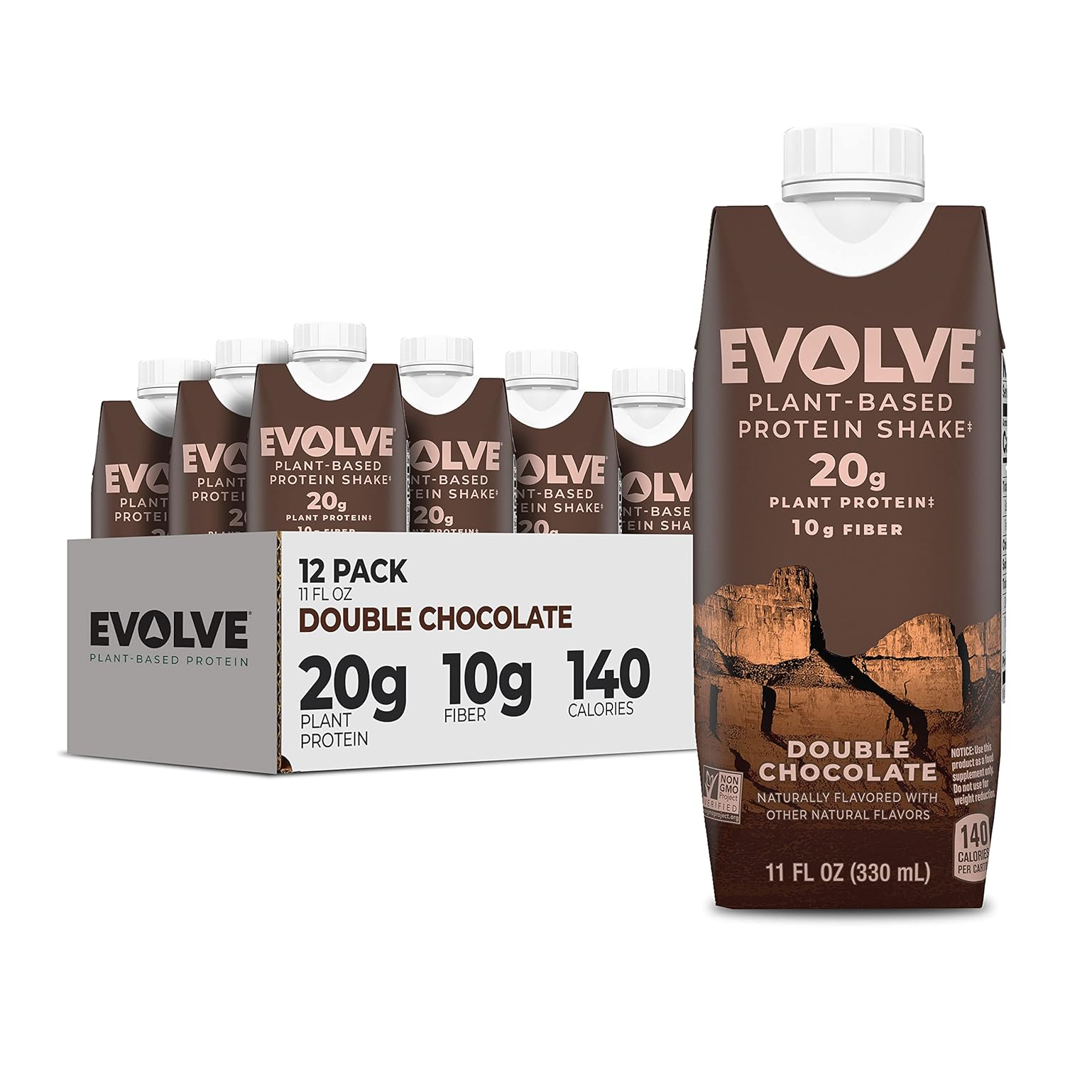 Evolve Plant Based Protein Shake, Double Chocolate, 20g Vegan Protein, Dairy Free, No Artificial Sweeteners, Non-GMO, 10g Fiber, 11 Fl Oz (Pack of 12) -...