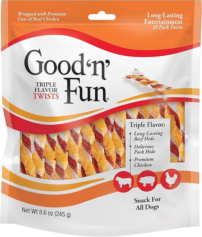 Good 'n' Fun Triple Flavor Twist Rawhide Treats for Dogs, 35 Count