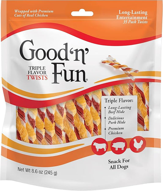 Good 'n' Fun Triple Flavor Twist Rawhide Treats for Dogs, 35 Count