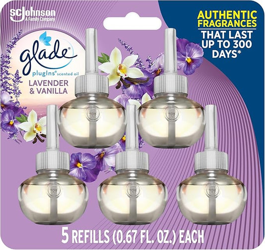 Glade PlugIns Refills Air Freshener, Scented and Essential Oils for Home and Bathroom, Lavender & Vanilla, 3.35 Fl Oz, 5 Count