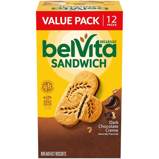 belVita Breakfast Sandwich Dark Chocolate Creme Breakfast Biscuits, Value Pack, 12 Packs (2 Sandwiches Per Pack)