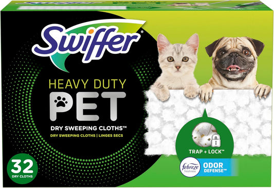 Swiffer Sweeper Pet, Heavy Duty Dry Sweeping Cloth Refills with Febreze Odor Defense, 32 Count, Liquid 
