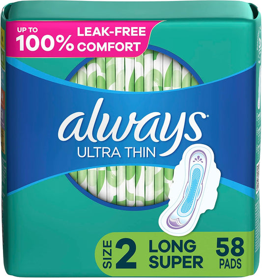 Always Ultra Thin Feminine Pads For Women, Size 2 Long Super Absorbency, With Wings, Unscented, 58 Count(Pack of 1)