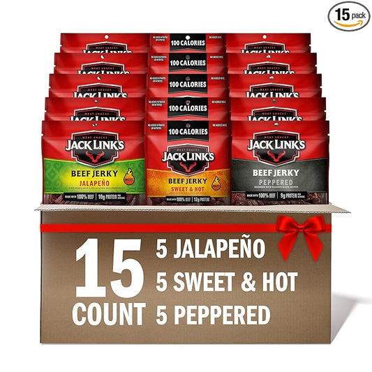 Jack Link's Beef Jerky Bold Variety Pack - Includes Sweet & Hot, Jalapeno and Peppered Jerky, Bulk Protein Snack Pack, Good Source of Protein, Meat Snacks Made with 100% Beef - 1.25 Oz (Pack of 15)