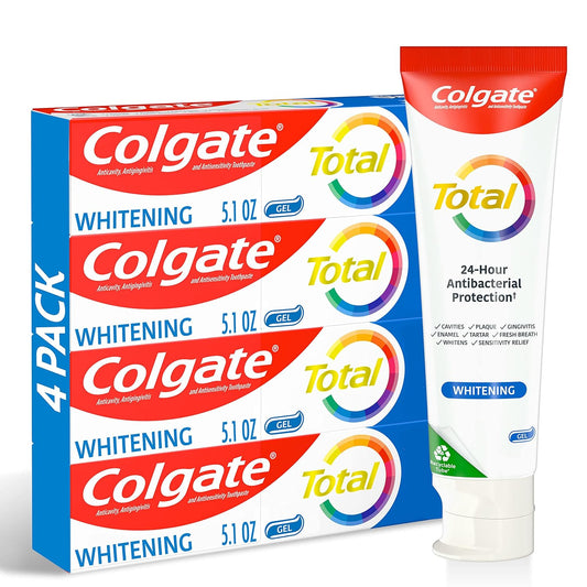 Colgate Total Whitening Toothpaste Gel, 10 Benefits, No Trade-Offs, Freshens Breath, Whitens Teeth and Provides Sensitivity Relief, Mint Flavor, 4 Pack, 5.1...