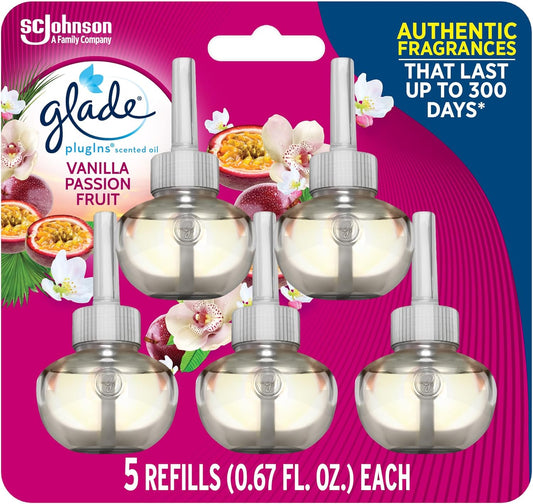 Glade PlugIns Refills Air Freshener, Scented and Essential Oils for Home and Bathroom, Vanilla Passion Fruit, 3.35 Fl Oz, 5 Count